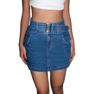 imageFloerns Womens Casual A Line Flare Jean Denim Mini Skirts with PocketDeep Blue