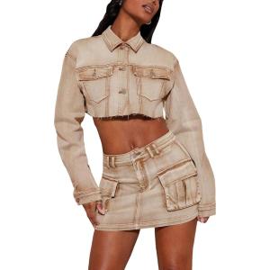 imageFloerns Womens Casual A Line Flare Jean Denim Mini Skirts with PocketKhaki Pure