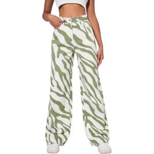 imageFloerns Womens High Waist Print Pants Y2K Print Wide Leg Denim JeansGreen White