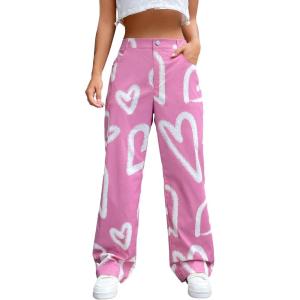 imageFloerns Womens High Waist Print Pants Y2K Print Wide Leg Denim JeansHeart Pink