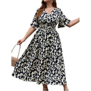 imageFloerns Womens Plus Size Boho Floral V Neck Short Sleeve A Line Long DressBlack  White Colorblock