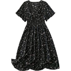 imageFloerns Womens Plus Size Boho Floral V Neck Short Sleeve A Line Long DressBlack Ink