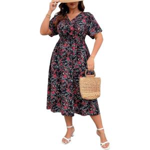 imageFloerns Womens Plus Size Boho Floral V Neck Short Sleeve A Line Long DressBlack Multi