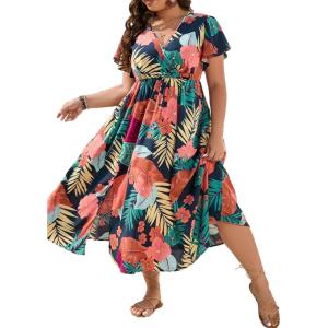 imageFloerns Womens Plus Size Boho Floral V Neck Short Sleeve A Line Long DressBlack Orange Tropical