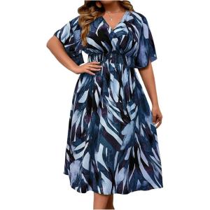 imageFloerns Womens Plus Size Boho Floral V Neck Short Sleeve A Line Long DressBlue Multi