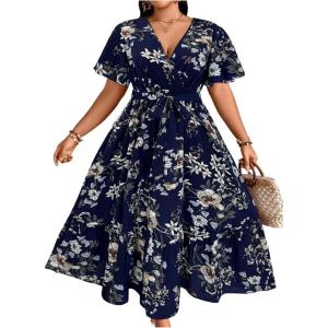 imageFloerns Womens Plus Size Boho Floral V Neck Short Sleeve A Line Long DressDark Blue Foral