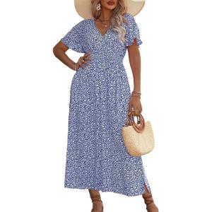imageFloerns Womens Plus Size Boho Floral V Neck Short Sleeve A Line Long DressSky Blue