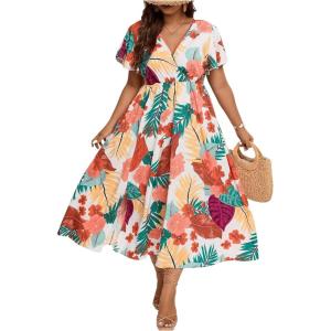 imageFloerns Womens Plus Size Boho Floral V Neck Short Sleeve A Line Long DressWhite Brown Multi