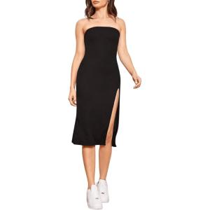 imageFloerns Womens Solid Strapless Split Thigh Tube Dress Side Slit Bodycon Midi DressesBlack