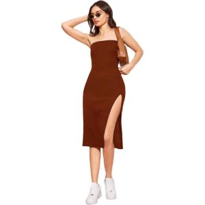 imageFloerns Womens Solid Strapless Split Thigh Tube Dress Side Slit Bodycon Midi DressesRust Brown