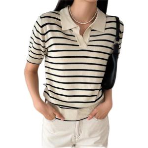 imageFloerns Womens Striped Print Short Sleeve Collar Neck Knitted Casual Tee ShirtBeige and Black