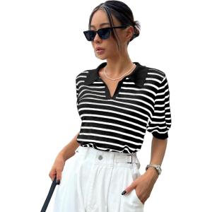imageFloerns Womens Striped Print Short Sleeve Collar Neck Knitted Casual Tee ShirtBlack