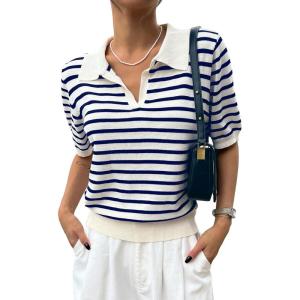 imageFloerns Womens Striped Print Short Sleeve Collar Neck Knitted Casual Tee ShirtNavy Blue