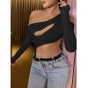 imageFloerns Womens Cut Out Asymmetrical Neck Long Sleeve T Shirt Bodysuit TopsBlack
