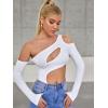 imageFloerns Womens Cut Out Asymmetrical Neck Long Sleeve T Shirt Bodysuit TopsWhite