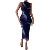 imageFloerns Womens Solid Sleeveless Mock Neck Knee Length Ruched Bodycon DressDeep Blue