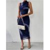 imageFloerns Womens Solid Sleeveless Mock Neck Knee Length Ruched Bodycon DressDeep Blue