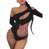 imageFloerns Womens Cut Out Asymmetrical Neck Long Sleeve T Shirt Bodysuit TopsBlack