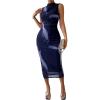 imageFloerns Womens Solid Sleeveless Mock Neck Knee Length Ruched Bodycon DressDeep Blue