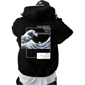 imageFloerns Mens Long Sleeve Lightweight Drawstring Letter Print Graphic Hoodies Sweatshirt TopsBlack Wave