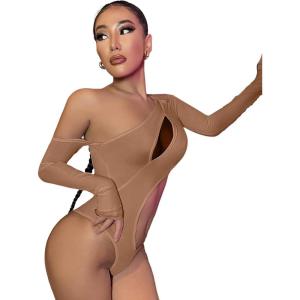 imageFloerns Womens Cut Out Asymmetrical Neck Long Sleeve T Shirt Bodysuit TopsBrown Solid