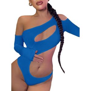 imageFloerns Womens Cut Out Asymmetrical Neck Long Sleeve T Shirt Bodysuit TopsLake Blue