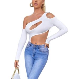 imageFloerns Womens Cut Out Asymmetrical Neck Long Sleeve T Shirt Bodysuit TopsWhite