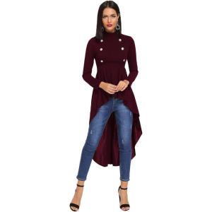 imageFloerns Womens Double Button Long Sleeve Round Neck Asymmetrical Blouse TopsBurgundy