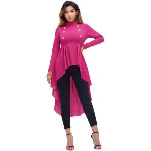 imageFloerns Womens Double Button Long Sleeve Round Neck Asymmetrical Blouse TopsHot Pink