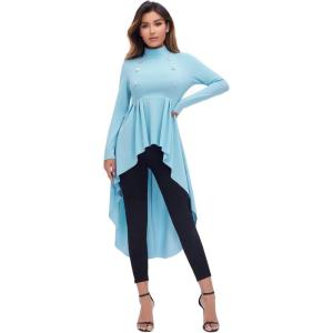 imageFloerns Womens Double Button Long Sleeve Round Neck Asymmetrical Blouse TopsLight Blue