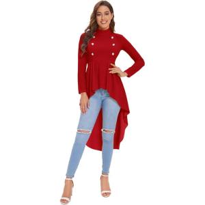 imageFloerns Womens Double Button Long Sleeve Round Neck Asymmetrical Blouse TopsRed