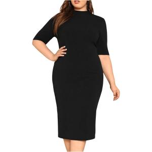 imageFloerns Womens Plus Size Mock Neck Short Sleeve Bodycon Pencil Midi DressBlack Pure