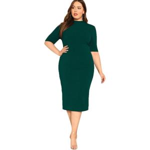 imageFloerns Womens Plus Size Mock Neck Short Sleeve Bodycon Pencil Midi DressGreen Pure