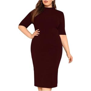 imageFloerns Womens Plus Size Mock Neck Short Sleeve Bodycon Pencil Midi DressWine Red