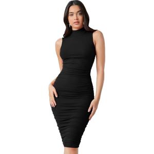 imageFloerns Womens Solid Sleeveless Mock Neck Knee Length Ruched Bodycon DressA Black