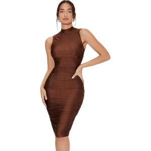 imageFloerns Womens Solid Sleeveless Mock Neck Knee Length Ruched Bodycon DressGillter Coffee Brown