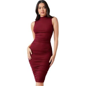 imageFloerns Womens Solid Sleeveless Mock Neck Knee Length Ruched Bodycon DressRed Wine