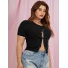 imageFloerns Womens Plus Size Rhinestone Lace Up Front Short Sleeve Tee ShirtsBlack