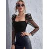 imageFloerns Womens Puff Sleeve Square Neck Mesh Surplice Ruched Bodysuit Tops JumpsuitsA Black Sheer