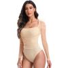 imageFloerns Womens Puff Sleeve Square Neck Mesh Surplice Ruched Bodysuit Tops JumpsuitsApricot