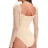 imageFloerns Womens Puff Sleeve Square Neck Mesh Surplice Ruched Bodysuit Tops JumpsuitsApricot