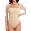 imageFloerns Womens Puff Sleeve Square Neck Mesh Surplice Ruched Bodysuit Tops JumpsuitsApricot