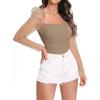 imageFloerns Womens Puff Sleeve Square Neck Mesh Surplice Ruched Bodysuit Tops JumpsuitsMocha Brown