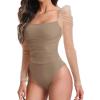 imageFloerns Womens Puff Sleeve Square Neck Mesh Surplice Ruched Bodysuit Tops JumpsuitsMocha Brown