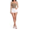 imageFloerns Womens Puff Sleeve Square Neck Mesh Surplice Ruched Bodysuit Tops JumpsuitsMocha Brown