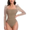 imageFloerns Womens Puff Sleeve Square Neck Mesh Surplice Ruched Bodysuit Tops JumpsuitsMocha Brown