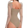 imageFloerns Womens Puff Sleeve Square Neck Mesh Surplice Ruched Bodysuit Tops JumpsuitsMocha Brown