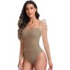 imageFloerns Womens Puff Sleeve Square Neck Mesh Surplice Ruched Bodysuit Tops JumpsuitsMocha Brown