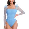 imageFloerns Womens Puff Sleeve Square Neck Mesh Surplice Ruched Bodysuit Tops JumpsuitsPlain Blue