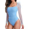 imageFloerns Womens Puff Sleeve Square Neck Mesh Surplice Ruched Bodysuit Tops JumpsuitsPlain Blue